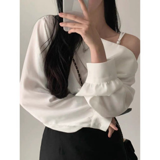 Áo sơ mi trắng trễ vai cổ lệch dài tay dáng rộng phong cách Hàn Quốc phù hợp đi học đi chơi đi làm