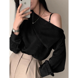Áo sơ mi trắng trễ vai cổ lệch dài tay dáng rộng phong cách Hàn Quốc phù hợp đi học đi chơi đi làm