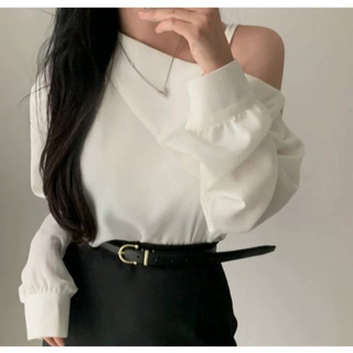 Áo sơ mi trắng trễ vai cổ lệch dài tay dáng rộng phong cách Hàn Quốc phù hợp đi học đi chơi đi làm