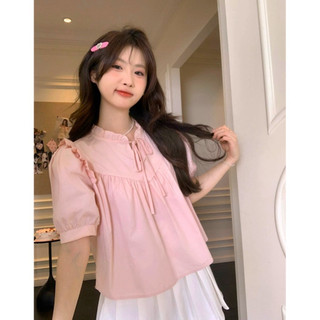 Áo ngắn tay babydoll bèo cổ buộc nơ thân trước bổ cúp V bồng nhún phong cách Hàn Quốc