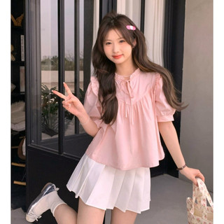 Áo ngắn tay babydoll bèo cổ buộc nơ thân trước bổ cúp V bồng nhún phong cách Hàn Quốc