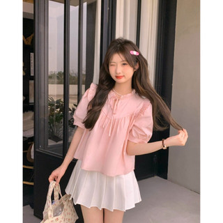 Áo ngắn tay babydoll bèo cổ buộc nơ thân trước bổ cúp V bồng nhún phong cách Hàn Quốc