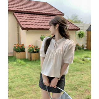 Áo ngắn tay babydoll bèo cổ buộc nơ thân trước bổ cúp V bồng nhún phong cách Hàn Quốc