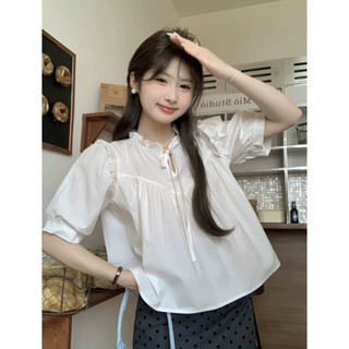 Áo ngắn tay babydoll bèo cổ buộc nơ thân trước bổ cúp V bồng nhún phong cách Hàn Quốc