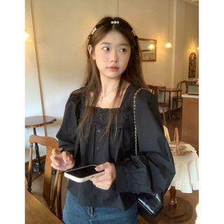 Áo dài tay babydoll cổ vuông  bèo cổ xinh phong cách Hàn Quốc phù hợp đi học đi làm đi chơi