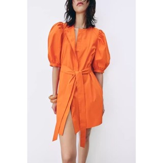 đầm Zara made in Morocco mini sơ mi tay phồng trơn và kẻ  - Luumooc