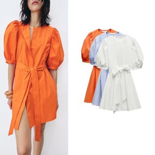 đầm Zara made in Morocco mini sơ mi tay phồng trơn và kẻ  - Luumooc