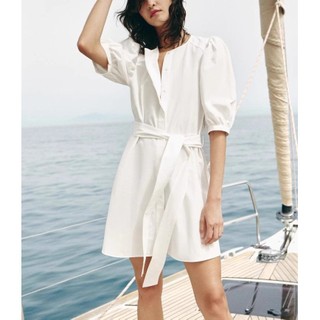 đầm Zara made in Morocco mini sơ mi tay phồng trơn và kẻ  - Luumooc