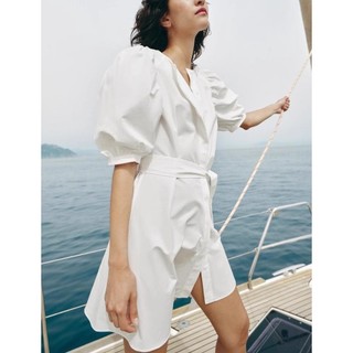 đầm Zara made in Morocco mini sơ mi tay phồng trơn và kẻ  - Luumooc