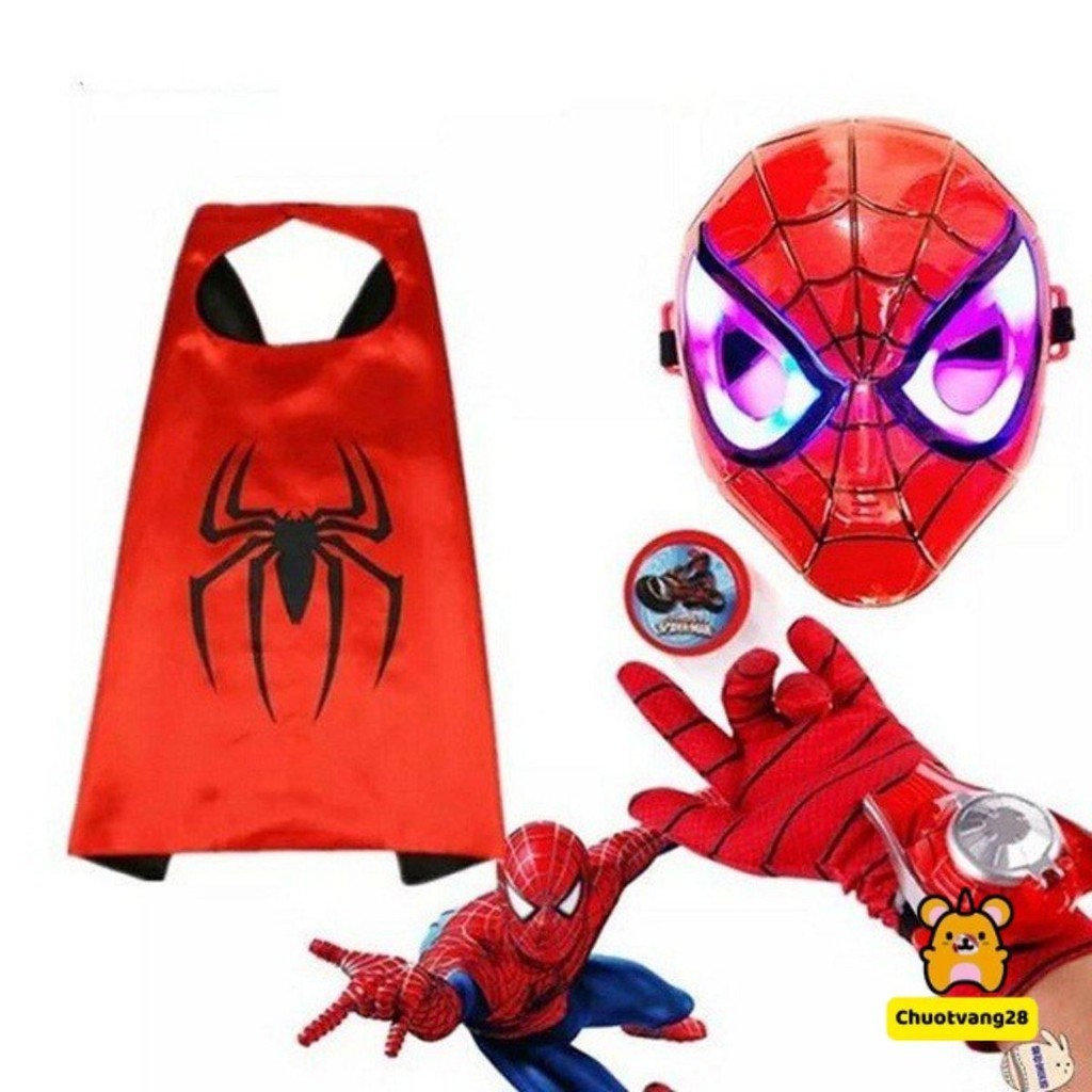 Bộ trang phục hóa trang 5 Món Người Nhện dịp halloween, Áo choàng siêu nhân nhện kèm găng tay, mặt nạ, đeo tay bắn đĩa