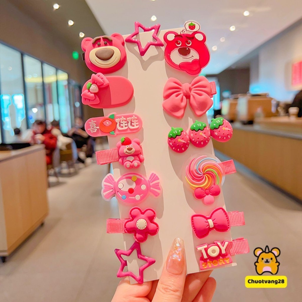 Set 14 kẹp Kẹp Tóc Hình Gấu Dâu Tây Dễ Thương Cho Bé Gái