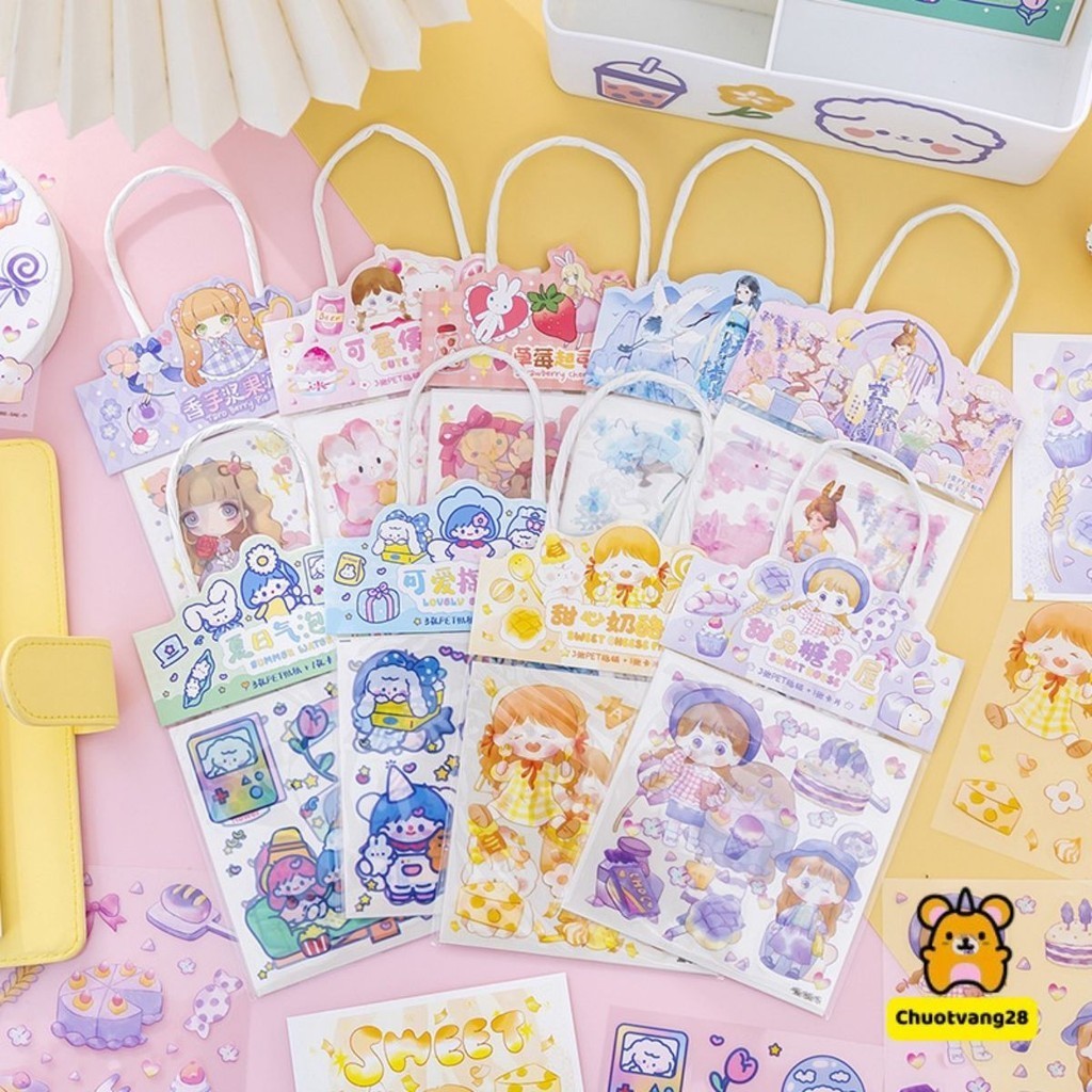 Túi 3 Miếng Dán Trang Trí Túi Xách Màu Đồng Đục In Họa Tiết Hoạt Hình Đa Dạng, Túi Sticker