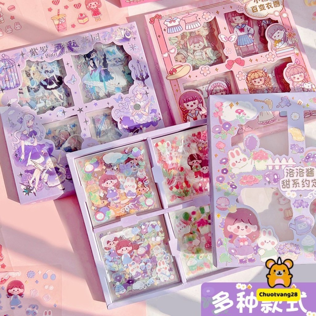 Hộp 100 tờ Sticker hình thú trang trí sổ phong cách dễ thương cute chống thấm nước