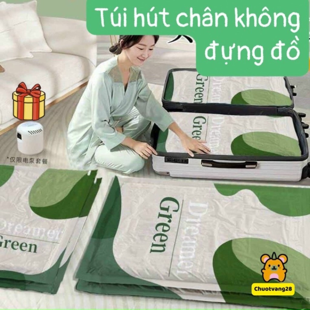 Set 6 Túi Hút Chân Không Quần Áo Chăn Màn GREEN Tặng Kèm Bơm Điện Cực Tiện Lợi ( túi hút chân không xanh lá)