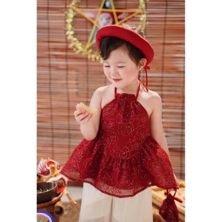 Set đồ tết bé gái, áo yếm gấm đỏ hoa phối quần ống rộng kèm bờm đội đầu dễ thương cho bé