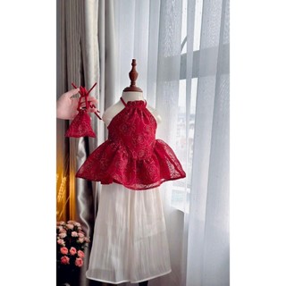 Set đồ tết bé gái, áo yếm gấm đỏ hoa phối quần ống rộng kèm bờm đội đầu dễ thương cho bé