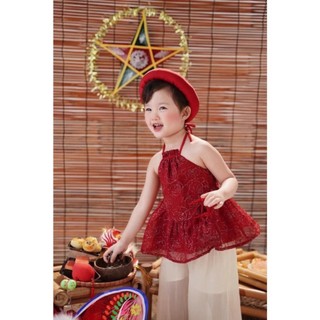 Set đồ tết bé gái, áo yếm gấm đỏ hoa phối quần ống rộng kèm bờm đội đầu dễ thương cho bé