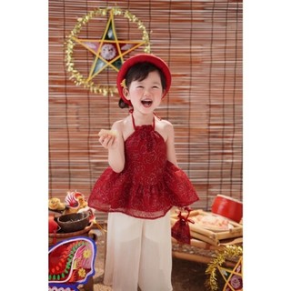Set đồ tết bé gái, áo yếm gấm đỏ hoa phối quần ống rộng kèm bờm đội đầu dễ thương cho bé