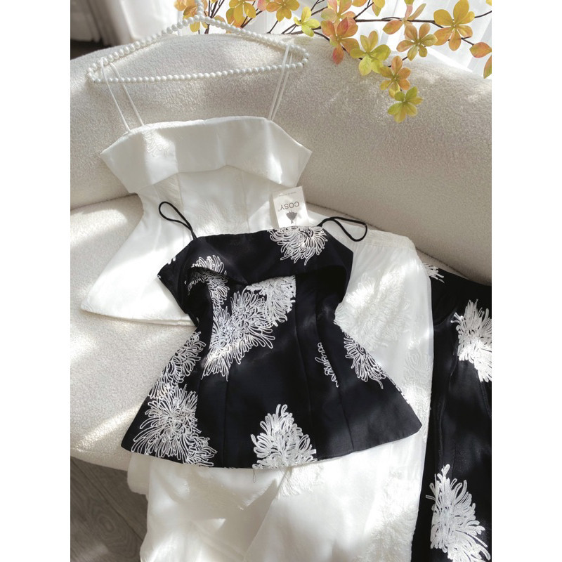 [Mya house] Set áo 2 dây peplum và chân váy xoè chất liệu voan tơ dài tôn dáng nữ tính thanh lịch