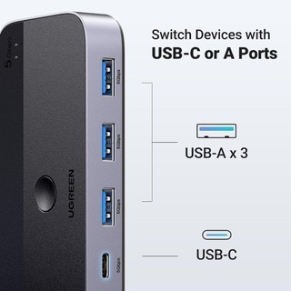 Bộ chuyển đổi USB 3.0 UGREEN CM662 | 2 máy tính dùng chung 4 thiết bị (3 x USB-A 3.0 + 1 USB-C) | Tốc độ 5Gbps | 15705