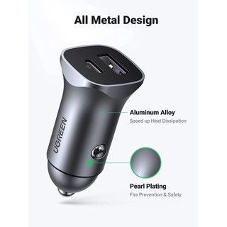 Tẩu Sạc Nhanh Ô tô UGREEN CD130 | 2 Cổng Sạc USB A+ USB C công suất 30W | BH 18 Tháng 1 Đổi 1 | 40858 25845