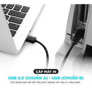 Dây máy in USB 2.0 chuẩn A đực sang chuẩn B đực UGREEN US135 | 3 lớp chống nhiễu | Tốc độ truyền dữ liệu 480Mbps