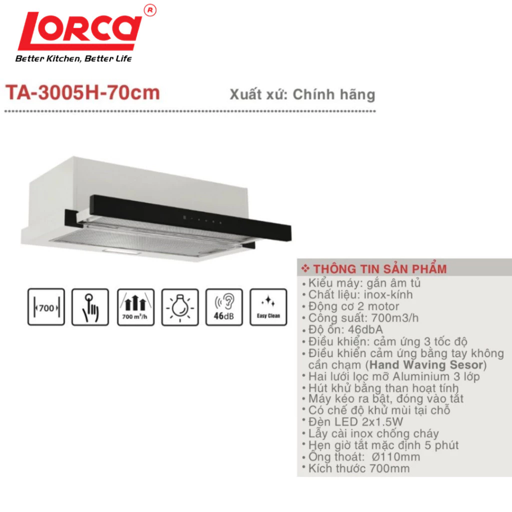 Máy Hút Mùi LORCA TA 3005H 70cm Hàng Nhập Khẩu Chính Hãng, Giảm Tiếng Ồn, Sức Hút Lớn, Bền Bỉ