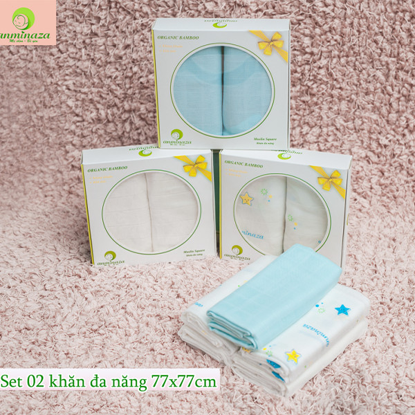 Hộp 2 Khăn Sữa Cho Bé 77x77cm Anminaza Vải Sợi Tre 2 Lớp Cao Cấp Mềm Mịn-Kháng Khuẩn-Thấm Hút Tốt