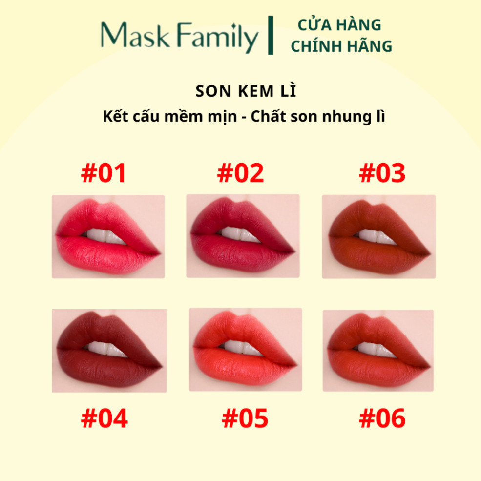 Son kem Mask Family siêu lì, làm mờ vết thâm, cung cấp độ ẩm, giúp môi mềm mịn, nâng tone da trắng sáng