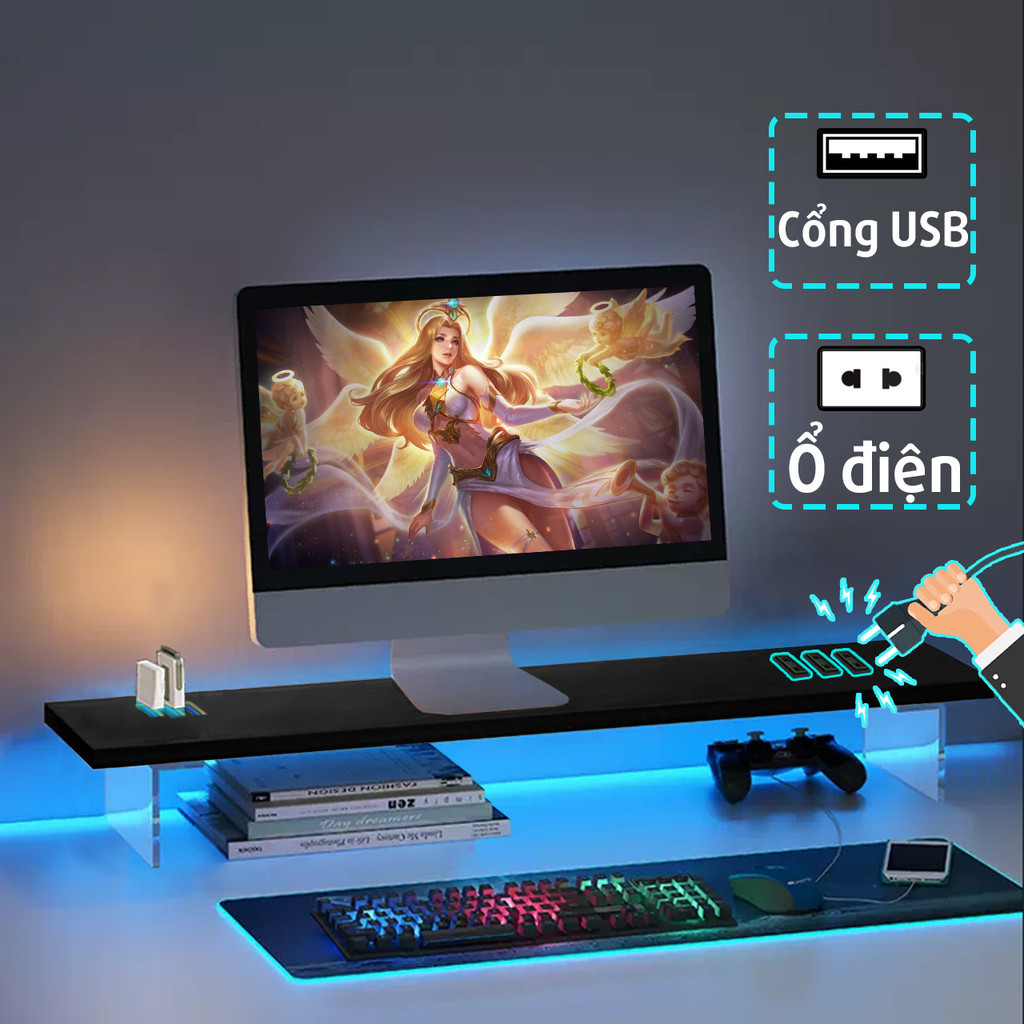 Kệ màn hình PC chân Mica sạc không dây USB LED kệ để máy tính bàn decor ...