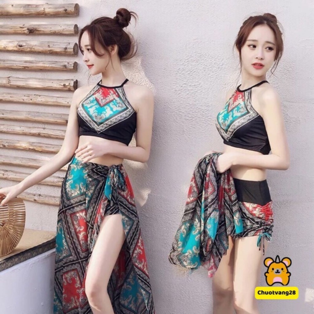 Bộ bơi áo tắm 3 chi tiết hoạ tiết thổ cẩm