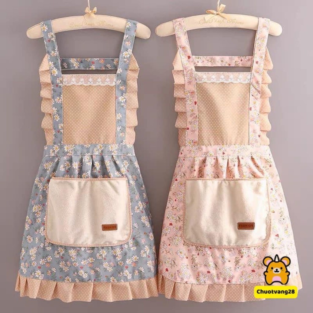 Tạp Dề Bằng Vải Canvas Phối Bèo Phong Cách Vintage Tiểu Thư Dễ Thương