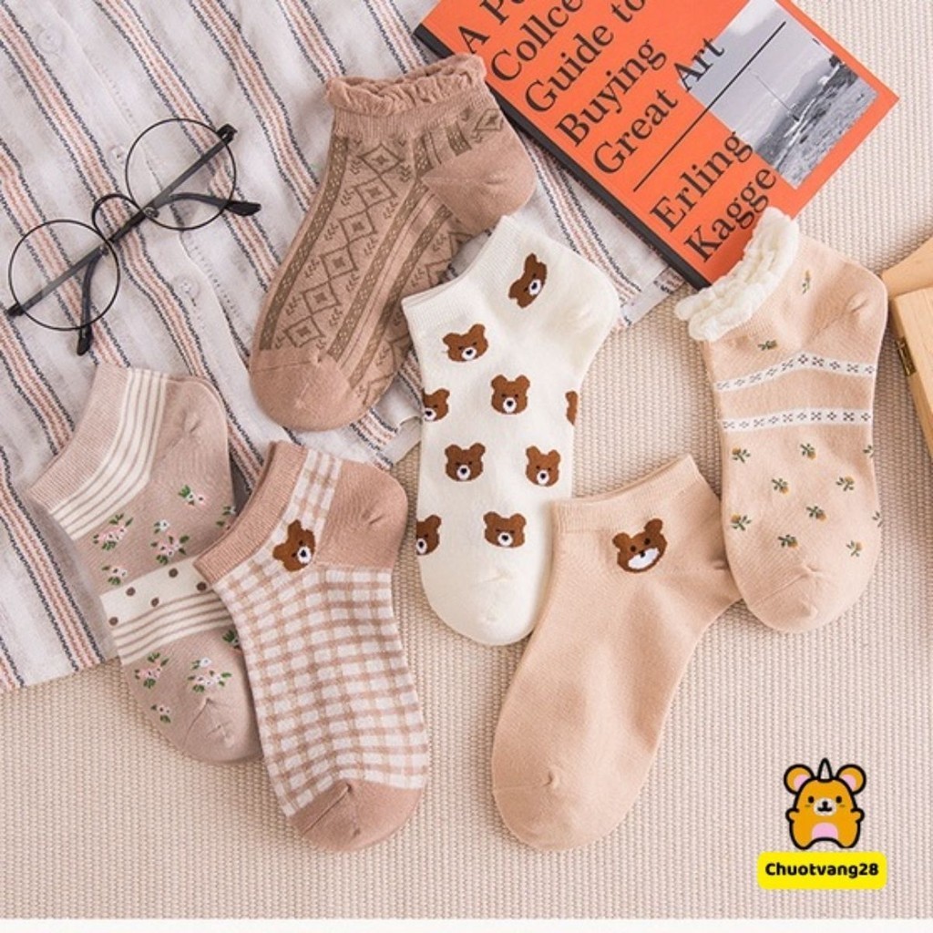 Tất vớ nữ cổ ngắn họa tiết gấu nâu thời trang Brown Bear chất cotton dày dặn