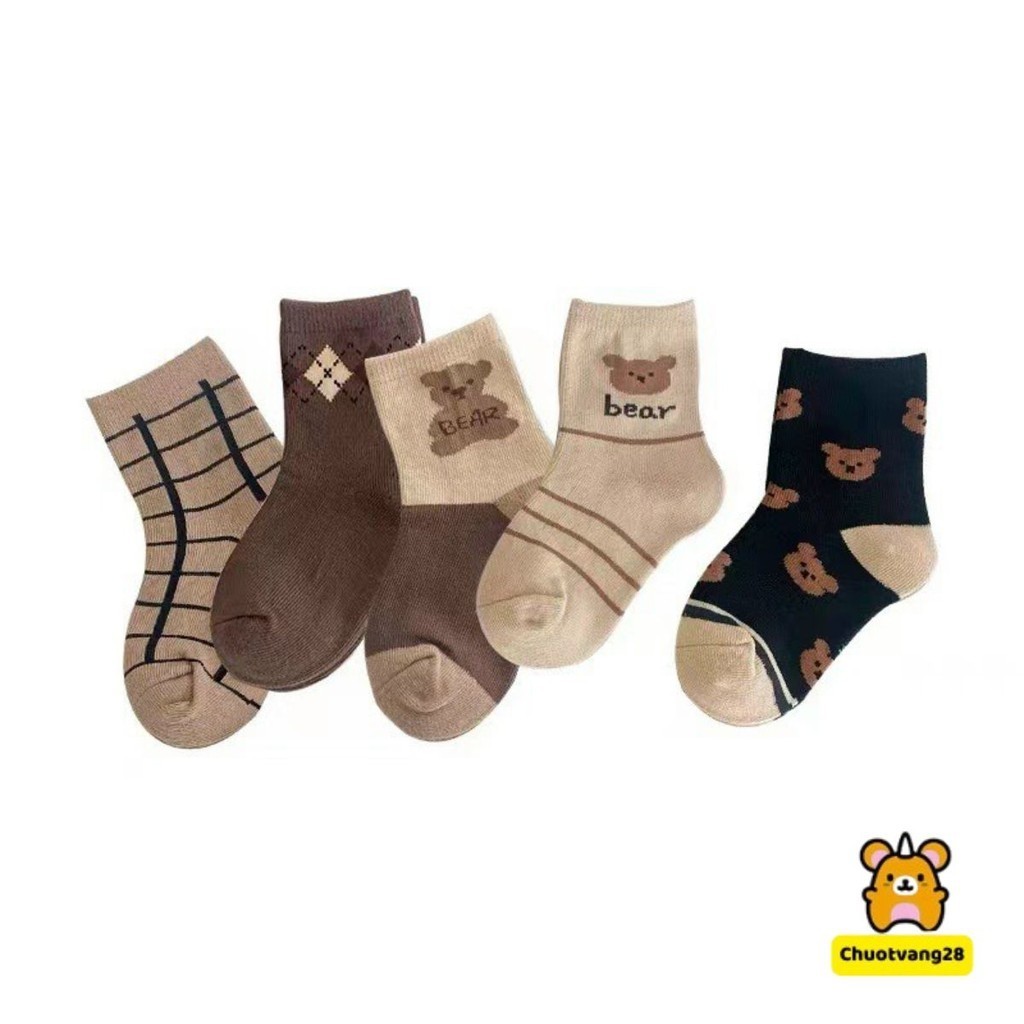Combo 5 Đôi Cotton Cho Trẻ Em Bé Trai Bé Gái Cổ Cao Phối Hình Gấu Nâu Dễ Thương cho bé từ 1 - 12 Tuổi