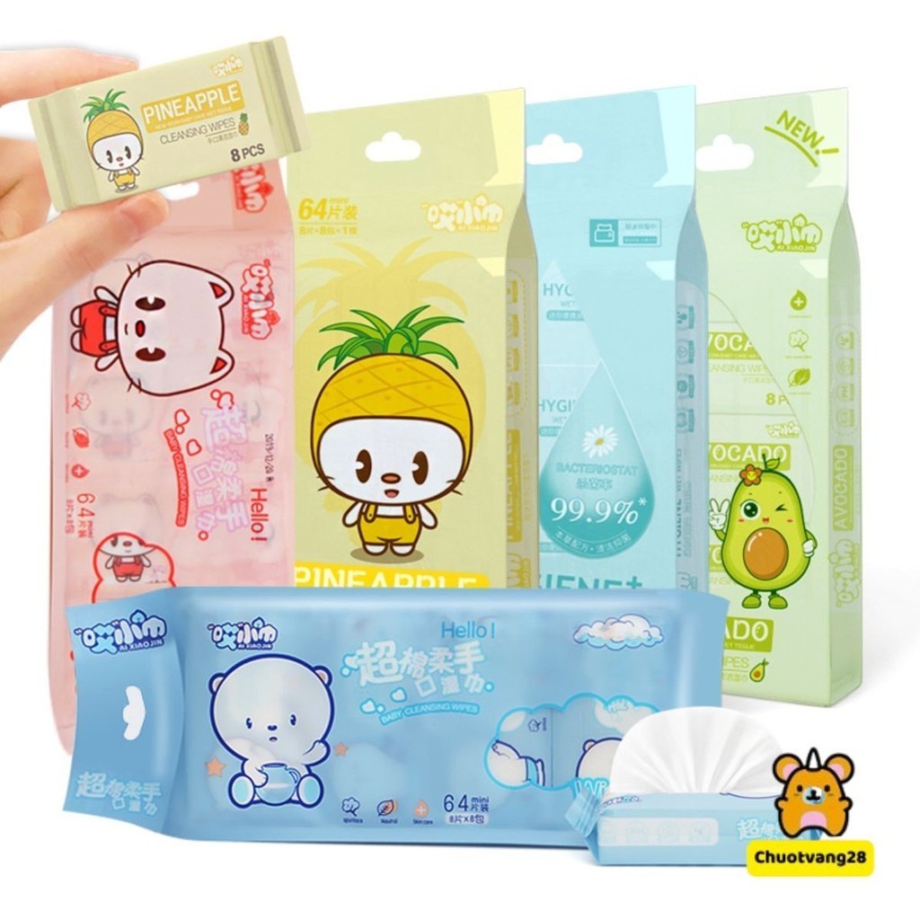 [Set 8 Gói/ 64 tờ] Khăn giấy ướt mini bỏ túi tiện lợi, khăn ướt an toàn cho da tiện dụng