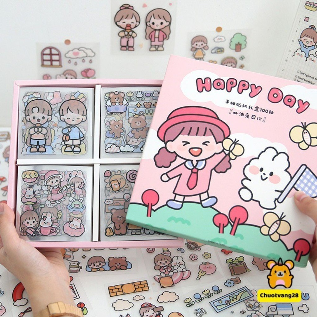 Hộp 100 tấm sticker 3D họa tiết cute dễ thương dán trang trí vở tập , sổ , bình nước , dụng cụ học tập ...