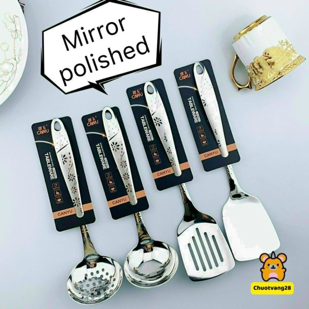 Bộ 4 Món Muôi Múc Canh , Xẻng Xào Inox 304 Cao Cấp Họa Tiết Cán Hoa ( Muôi Thủng - Muôi Canh - Xẻng Xào - Xẻng Lật )