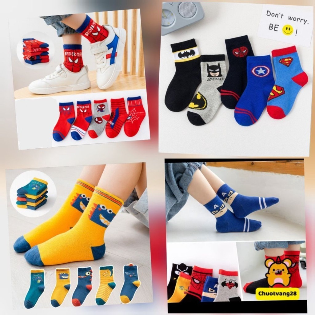 Tất vớ hình siêu nhân nhện , khủng long cho bé trai đủ size từ 1 2 3 4 5 6 7 8 9 10 11 12 tuổi