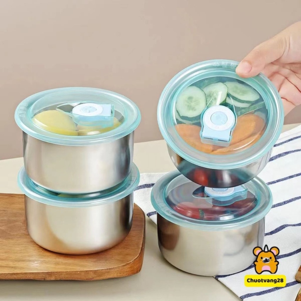 Bát / tô dáng tròn đựng bảo quản thực phẩm Inox 304 có nắp đậy tiện dụng 10x6.5cm sử dụng được trong lò vi sóng