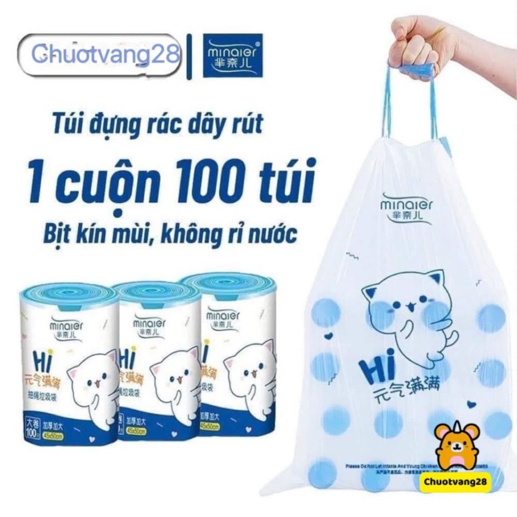 Combo cuộn 100 túi đựng rác Minaier có dây rút tự huỷ sinh học chịu nhiệt tiện lợi