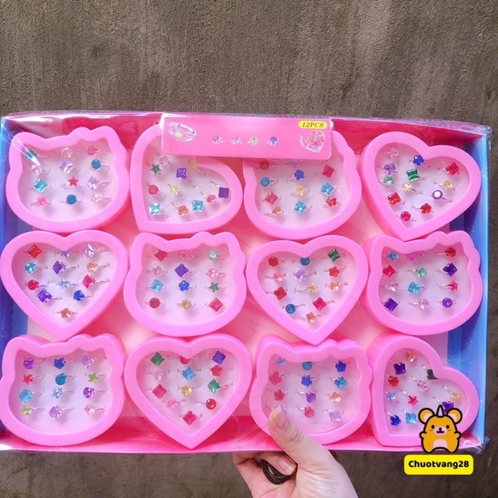 Hộp 12 chiêc nhẫn đính đá lấp lánh công chúa cho bé