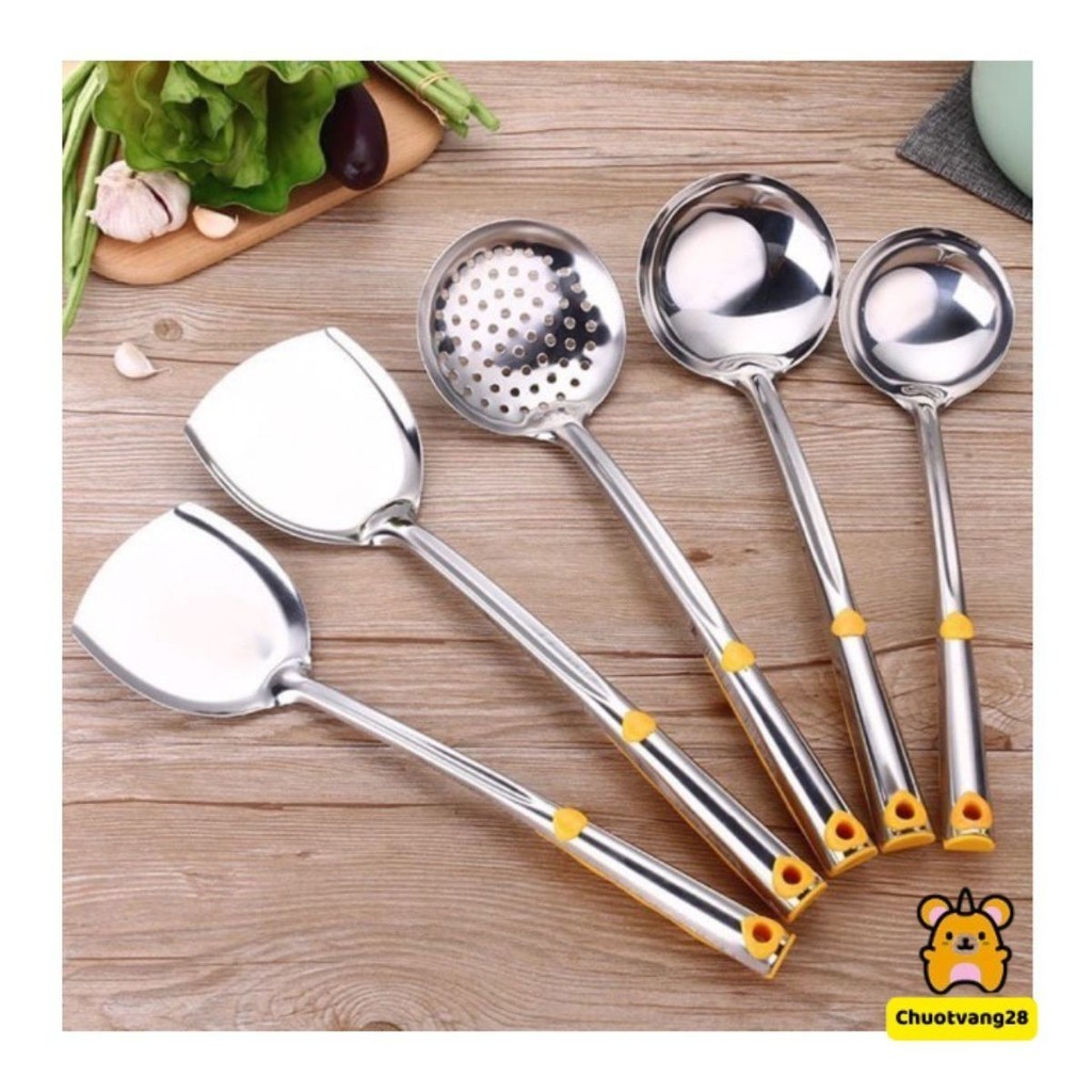 Bộ Muôi Vá Inox Cao Cấp Cán Vàng ( Muôi Thủng - Muôi Canh - Xẻng Xào ) [Gia dụng Phước Yến]