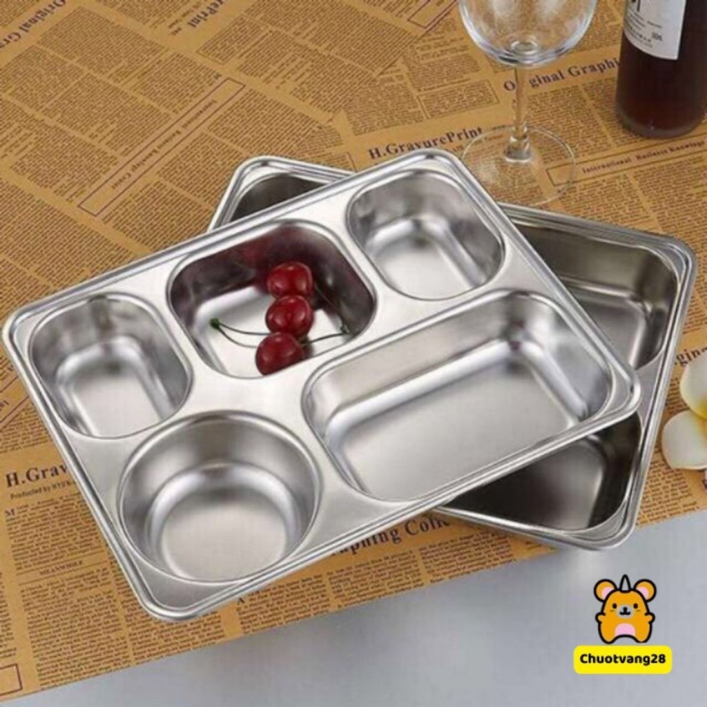 Khay cơm phần 5 ngăn inox sâu có nắp tiện lợi