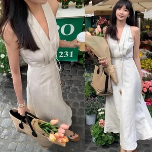 Đầm linen cổ V sát nách dáng dài xoè + dây cột eo nữ tính, dịu dàng dành cho nữ
