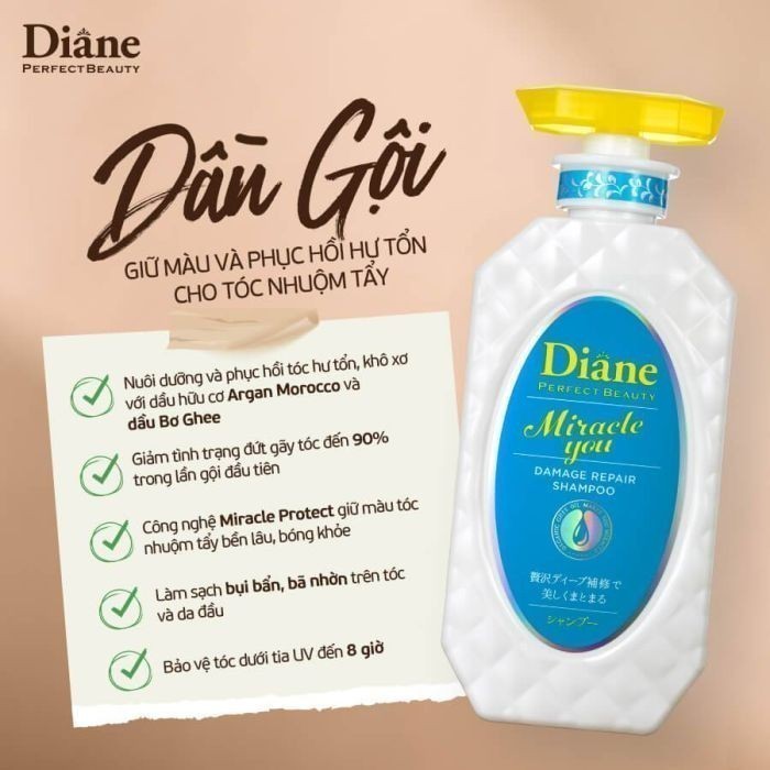 Dầu Gội Giữ Màu & Phục Hồi Hư Tổn, Gãy Rụng Cho Tóc Nhuộm Tẩy Diane Miracle  You Damage Repair 450ml