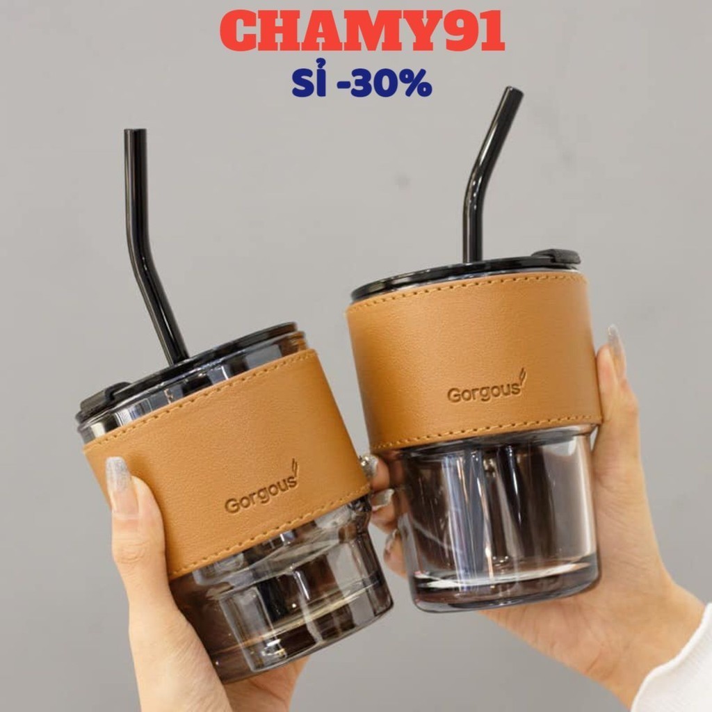 Cốc Thủy Tinh GORGOUS Có Nắp , Cốc Uống Nước Kèm Ống Hút Bao Da - LY UỐNG NƯỚC 450ml - COCTHUYTINH