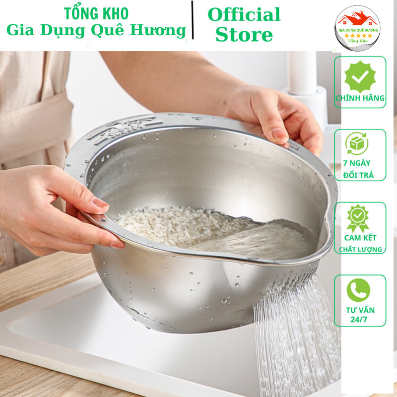 Rổ vo gạo inox 304 thép không gỉ an toàn, rổ rửa rau hoa quả có lỗ ...