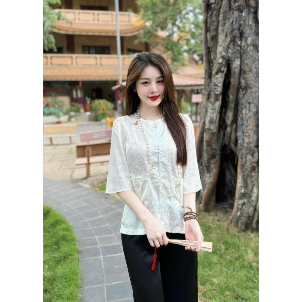 Pháp phục đi chùa, đồ bộ lam đi chùa nữ chất liệu gấm hoa cổ tròn đính ngọc cao cấp - Pháp phục Tịnh Tâm