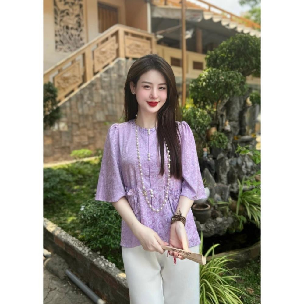Pháp phục đi chùa, đồ bộ lam đi chùa nữ chất liệu gấm hoa cổ tròn đính ngọc cao cấp - Pháp phục Tịnh Tâm