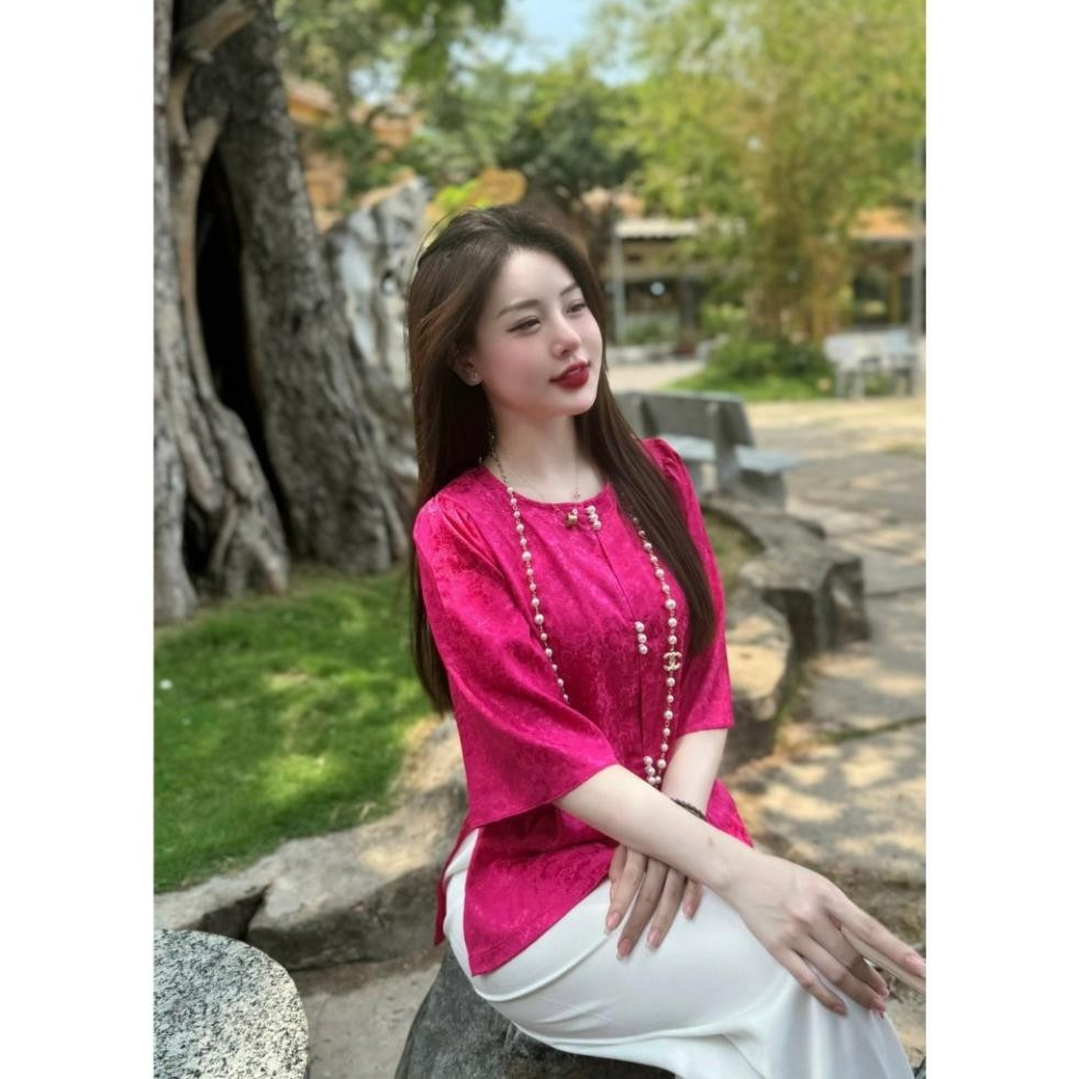 Pháp phục đi chùa, đồ bộ lam đi chùa nữ chất liệu gấm hoa cổ tròn đính ngọc cao cấp - Pháp phục Tịnh Tâm